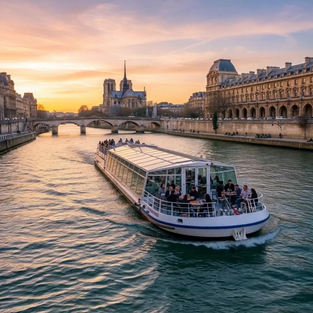 Seine river cruise boat passing Notre-Dame in Paris at sunset
